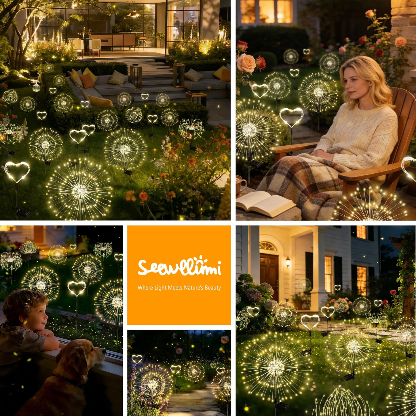 SEEWELUMI Solar Garden Lights Outdoor Decor Waterproof, 2Pack 120LED Firework Lights for Garden Decorative, Fairy Lights Solar Powered for Yard