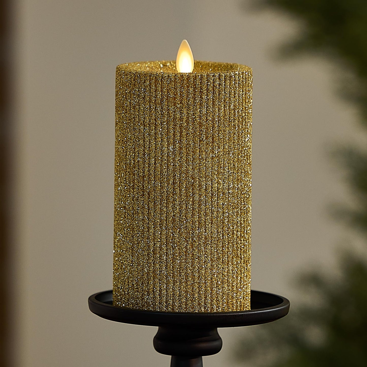 Luminara Rich Gold Glitter Ribbed Flameless LED Candle Moving Flame Pillar, Real Wax, Flat Top, Timer (3.25" x 6.5")
