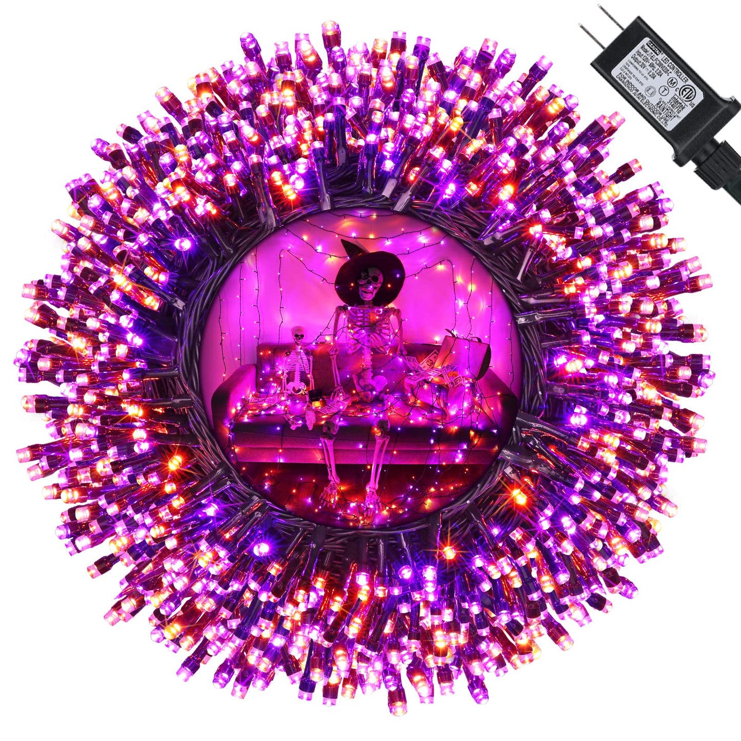 Orange and Purple Halloween Lights, 114ft 300 LED Connectable Halloween String Lights with 8 Modes, Waterproof Plug in Orange Purple Fairy Light