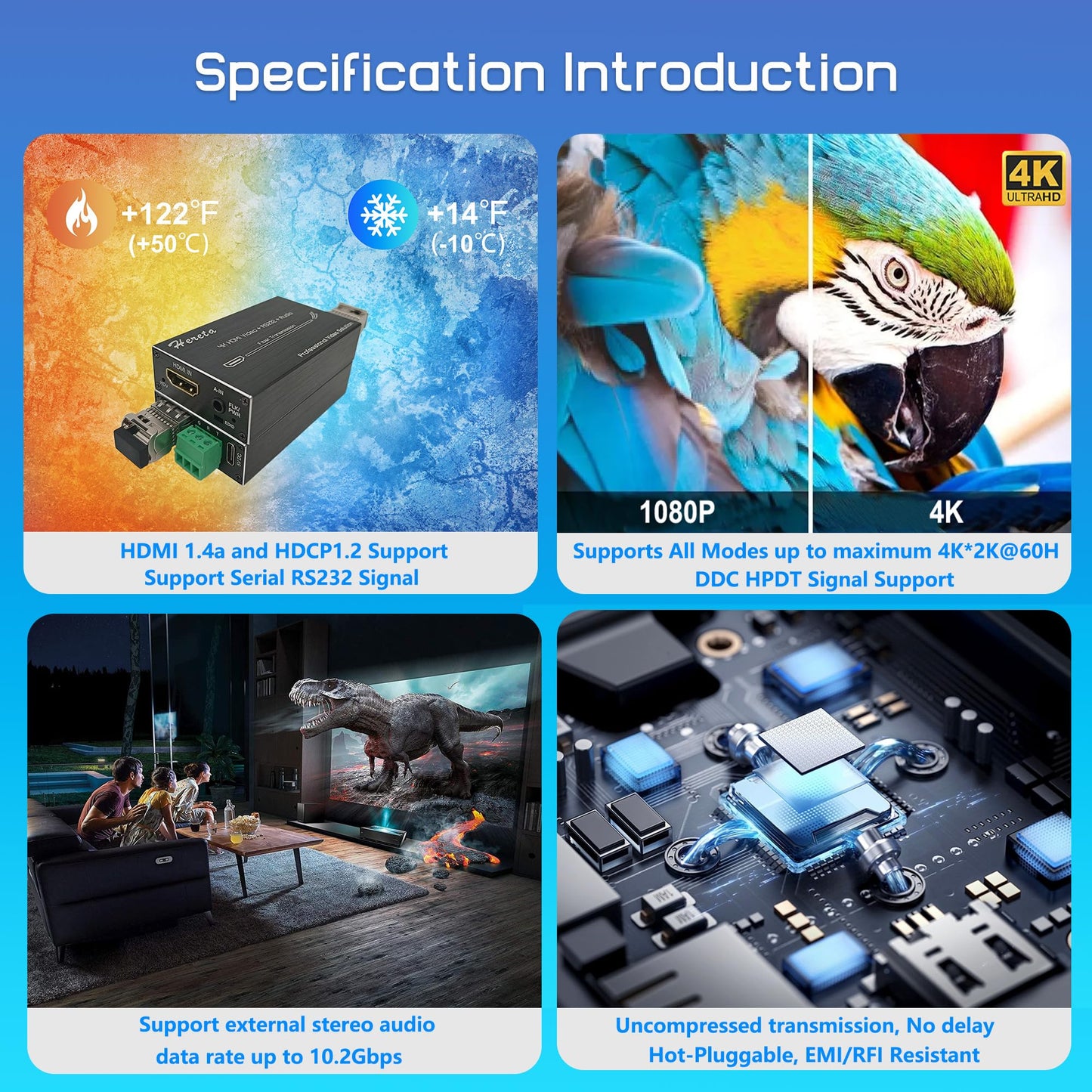 Hereta 4K HDMI Optical Video Extender 10.2Gbps Mini HD Fiber Converter with RS232 and Audio Extension of Distances Up to 20km Over Single-Mode Single