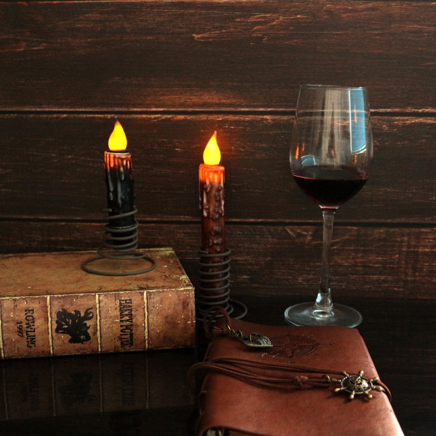 CVHOMEDECO. Real Wax Hand Dipped Battery Operated LED Timer Taper Candles Rustic Primitive Flameless Lights Décor, 4-3/4 Inch, Matt Black, 6 PCS in a