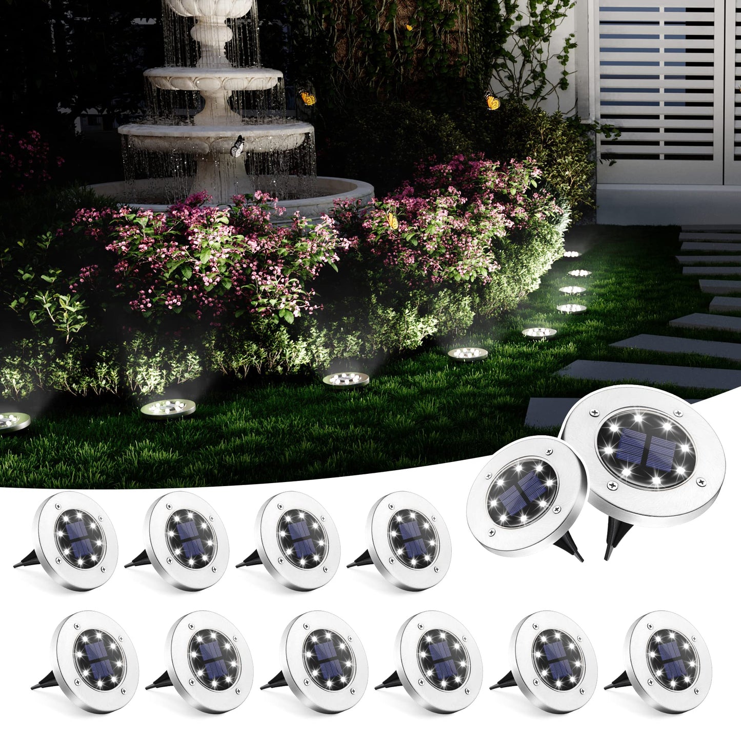 SOLPEX Solar Ground Lights, 12 Pack Solar Lights Outdoor Waterproof, 8 LED Solar Powered Landscape Lighting for Garden Yard Patio Pathway Driveway