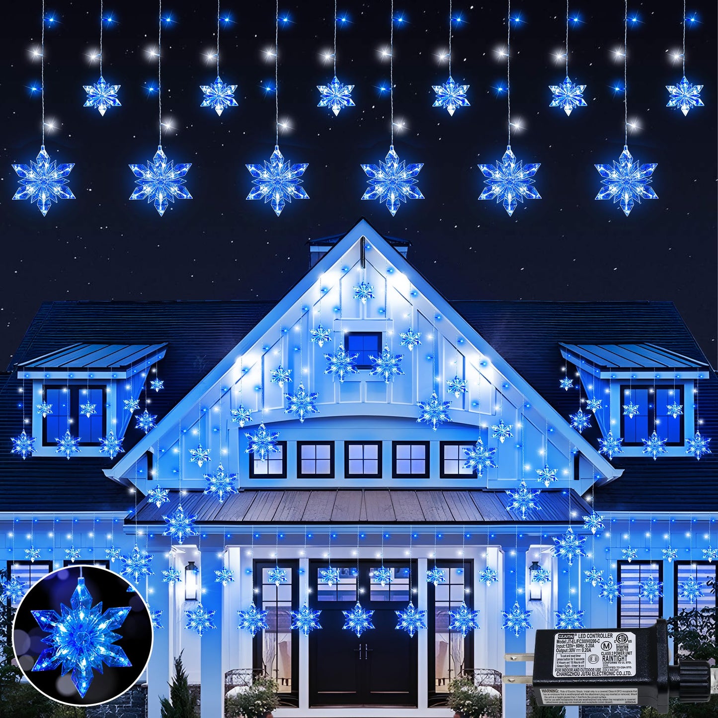 Qunlight Christmas Snowflake Lights,8.2ft 144LED Curtain Icicle Lights with 12 Drops,Connectable 8 Modes Timer Xmas Icicle Light Plug in