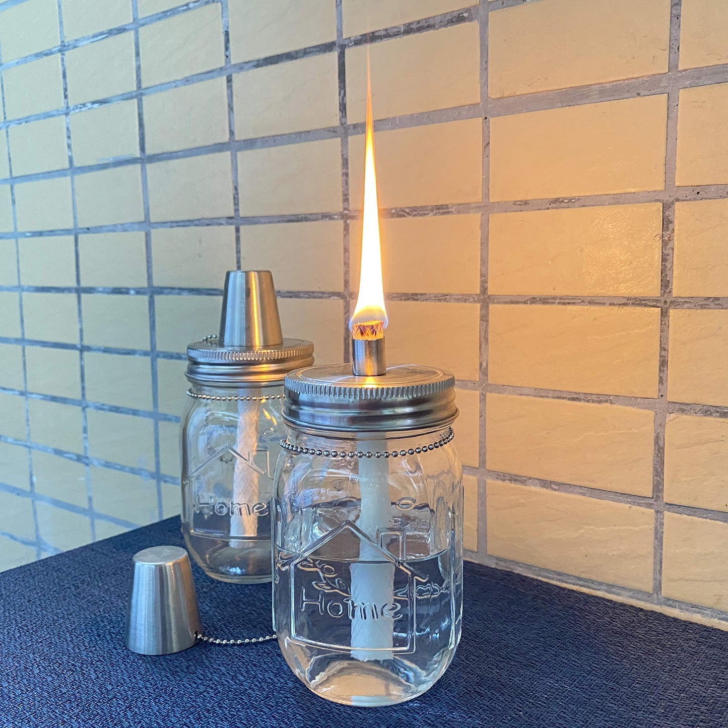 Yitee Mason Jar Tabletop Torch Kits,4 Pack Longlife Fiberglass Wicks,Stainless Steel Mason Jar Lids Caps Included,Outdoor Deck Oil Lamp Torch,Patio