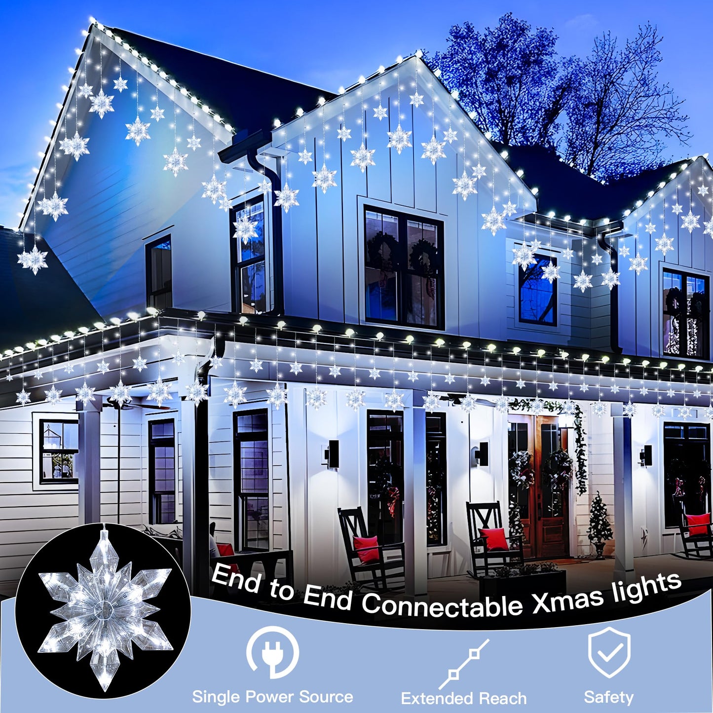 Pellimo Snowflake Christmas Lights Outdoor, 8.2ft 144 LED Connectable Xmas String Light Plug in, Hanging Icicle Lights for House, Eaves, Outside