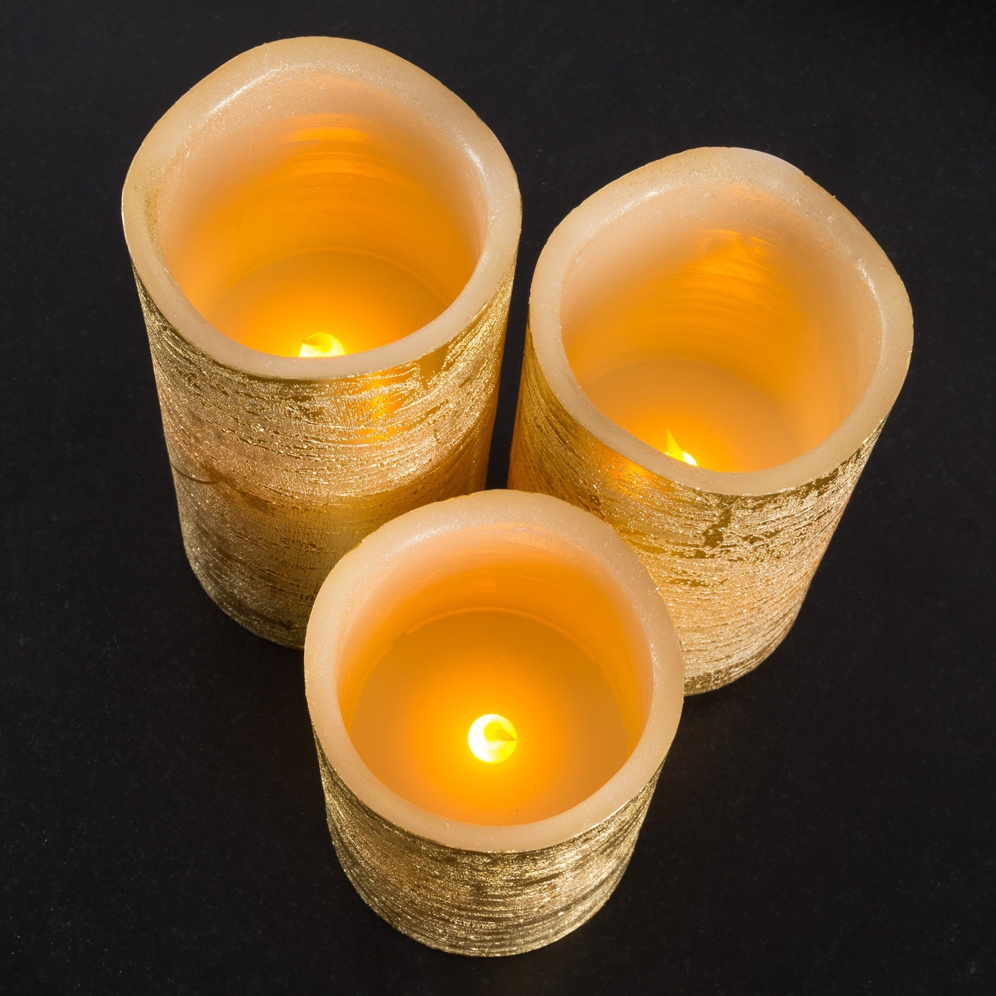 Lavish Home 80-Fc1004 Flameless LED Set of 3 Real Wax Battery Powered Pillar Candles with Remote, Timer and Distressed Gold Metallic Finish, Metallic
