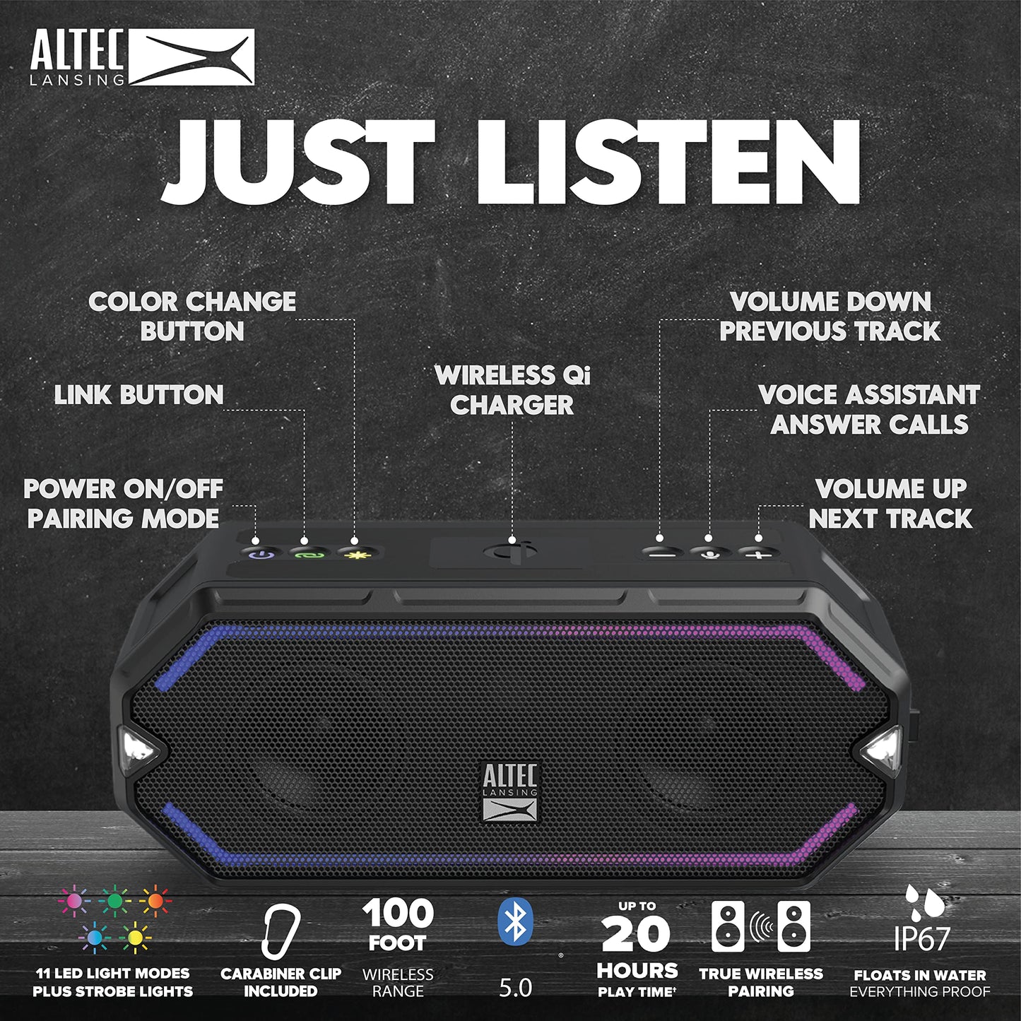 Altec Lansing - HydraBlast Wireless Portable Bluetooth Speaker, IP67 Waterproof for Parties, USB C Rechargeable Outdoor Speakers with Built in Phone
