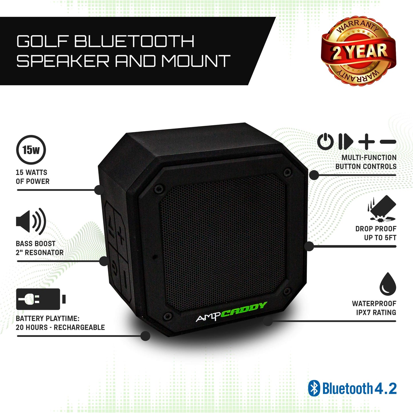 Ampcaddy Golf Bluetooth Speaker with Mount, Bluetooth Speaker and Mount with Loud Stereo Sound and Bass Boost, Extended Playtime and Range (V3 Pro