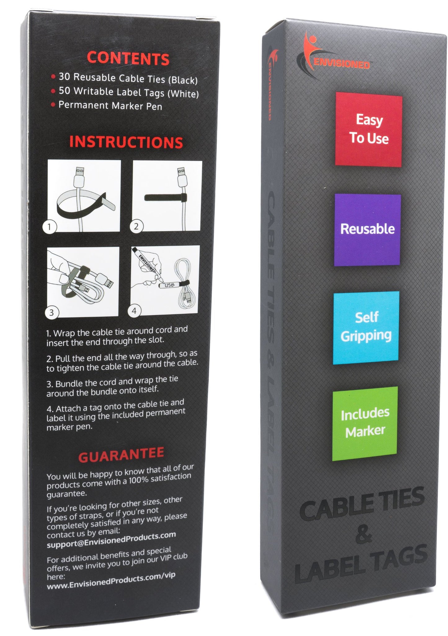 ENVISIONED Reusable Cable Ties 1/2" x 8" for Cable Management - 30 Pack (Black) Plus 1/2" x 2" Writable White Labels for Use on All Types of Hook
