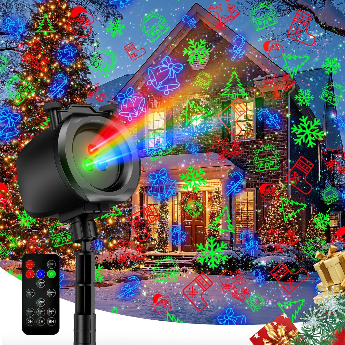 Christmas Lights Projector Outdoor, 2-in-1 Holiday Light Projector with 4 Slides & 8 Brighter HD Patterns, Moving RGB Firefly Effects Light