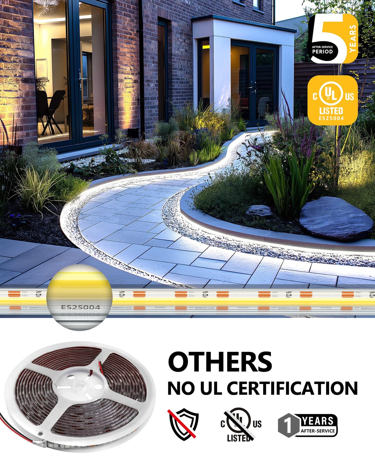 EMITEVER COB LED Strip Lights Waterproof IP67, 5000K White Outdoor 24V Dimmable Silicone LED Tape Lighting 16.4ft High Density, 300+LM/ft