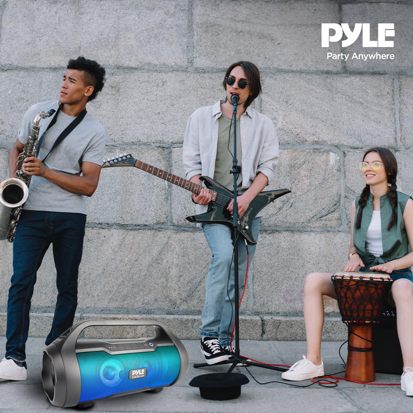 Pyle Portable Bluetooth Boombox Speaker - 40W Max Power, 2.0 Channel Rechargeable Barrel Style Speaker with TWS, LED Lights - AUX In, USB-C, MicroSD