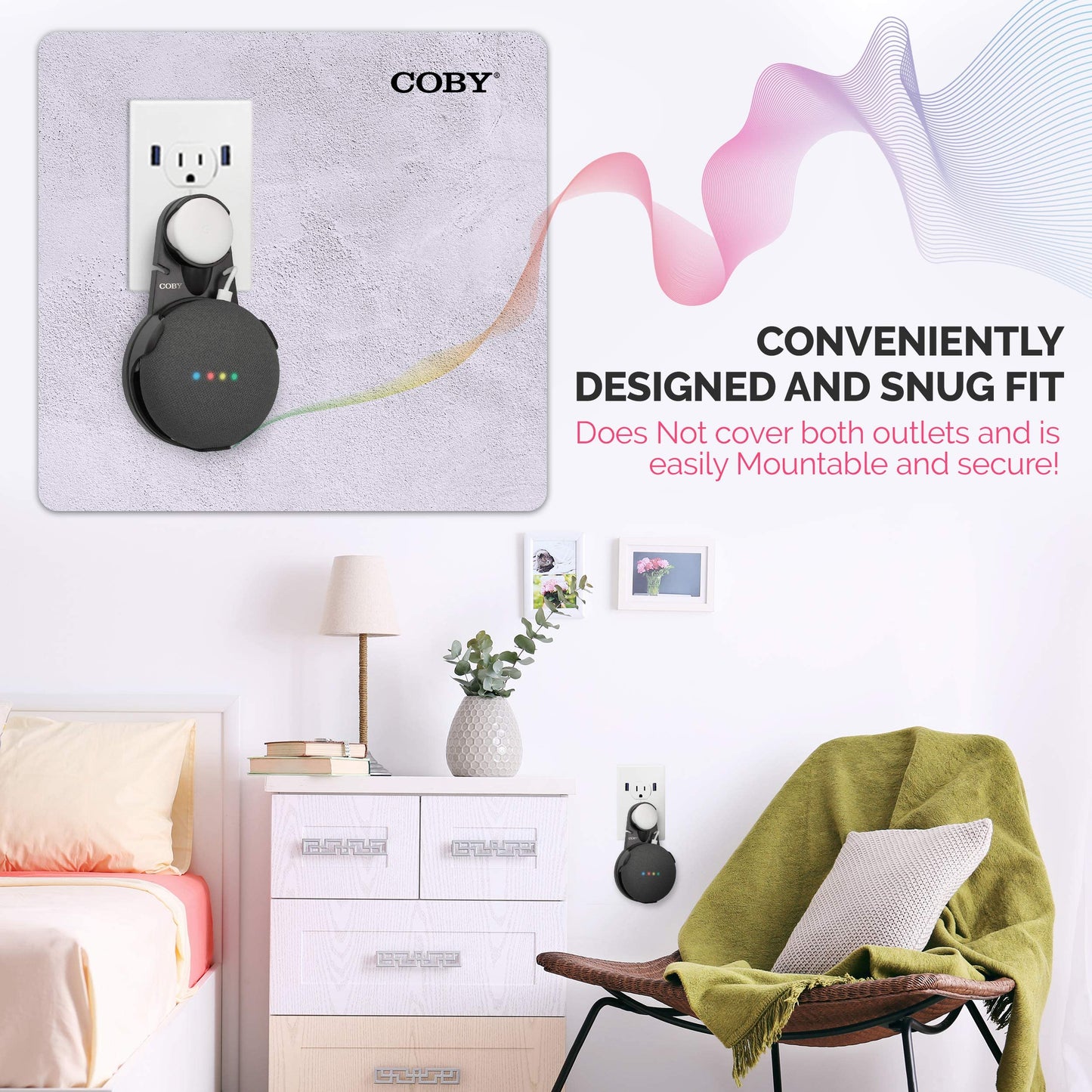Coby Wall-Outlet Mount Smart Speaker Holder with Cord Holder & Cable Management, Wall Shelf for Google Nest Mini 2nd Gen & Google Home Mini 1st Gen