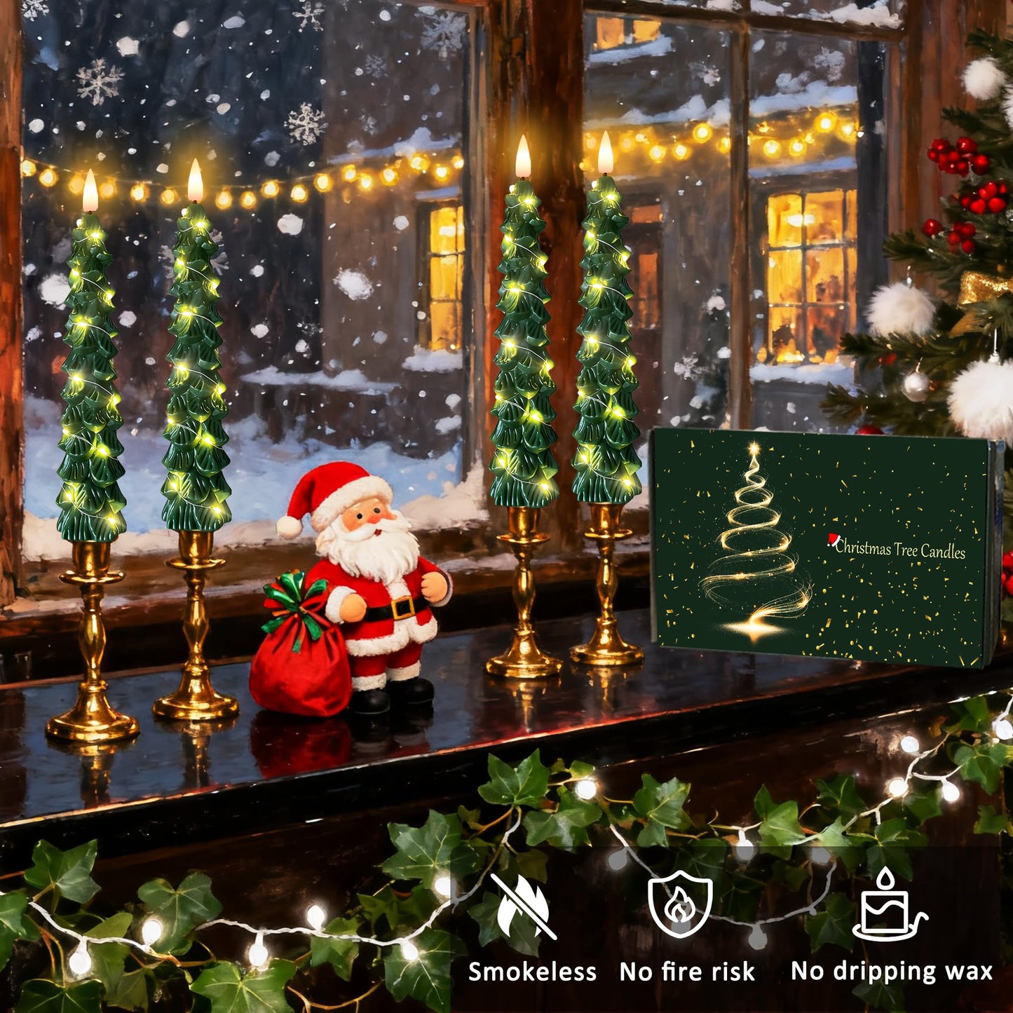 Qaeshi Christmas Tree Candles with Warm String Lights, LED Taper Candles with Remote Timer, Battery Operated Candle, 3D Flickering Christmas Flameless