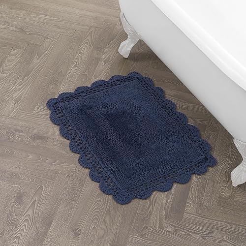 Laura Ashley Absorbent Bath Mat Reversible Crochet Soft and Plush Bathroom Mat 100% Cotton 17x24 Bath Rug, Indigo Blue