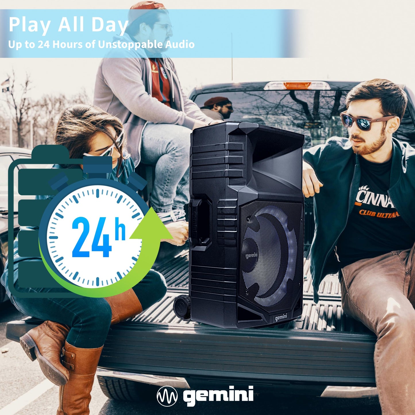 Gemini Sound GXP-T1500 All-Weather Portable Bluetooth PA Speaker System with RGB LED Party Lighting, 15" Woofer, Mic/Guitar Inputs, USB/FM Radio