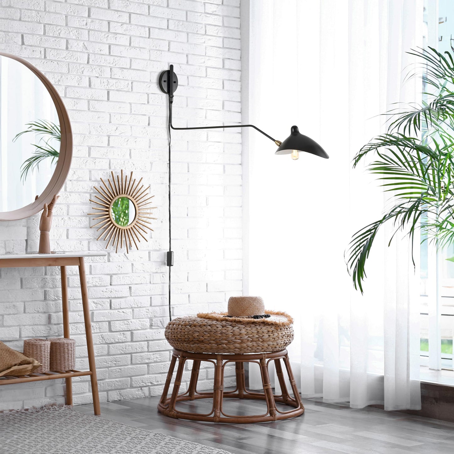 JONATHAN Y 8.5" Black/Brass Gold Retro Swing Arm LED Wall Sconce, Mid-Century Modern Iron Plug-in Light for Bedroom, Living Room, Adjustable Metal