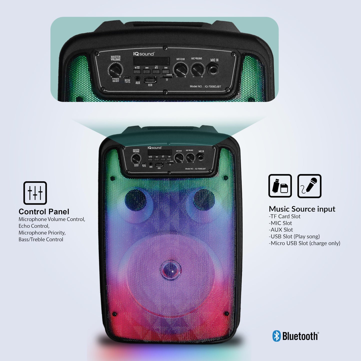 IQ Sound IQ-7008DJBT 8-Inch Portable Bluetooth Speaker Unleash dynamic sound with TWS Technology, LED Light Show, Multiple Inputs, FM Radio, Mic