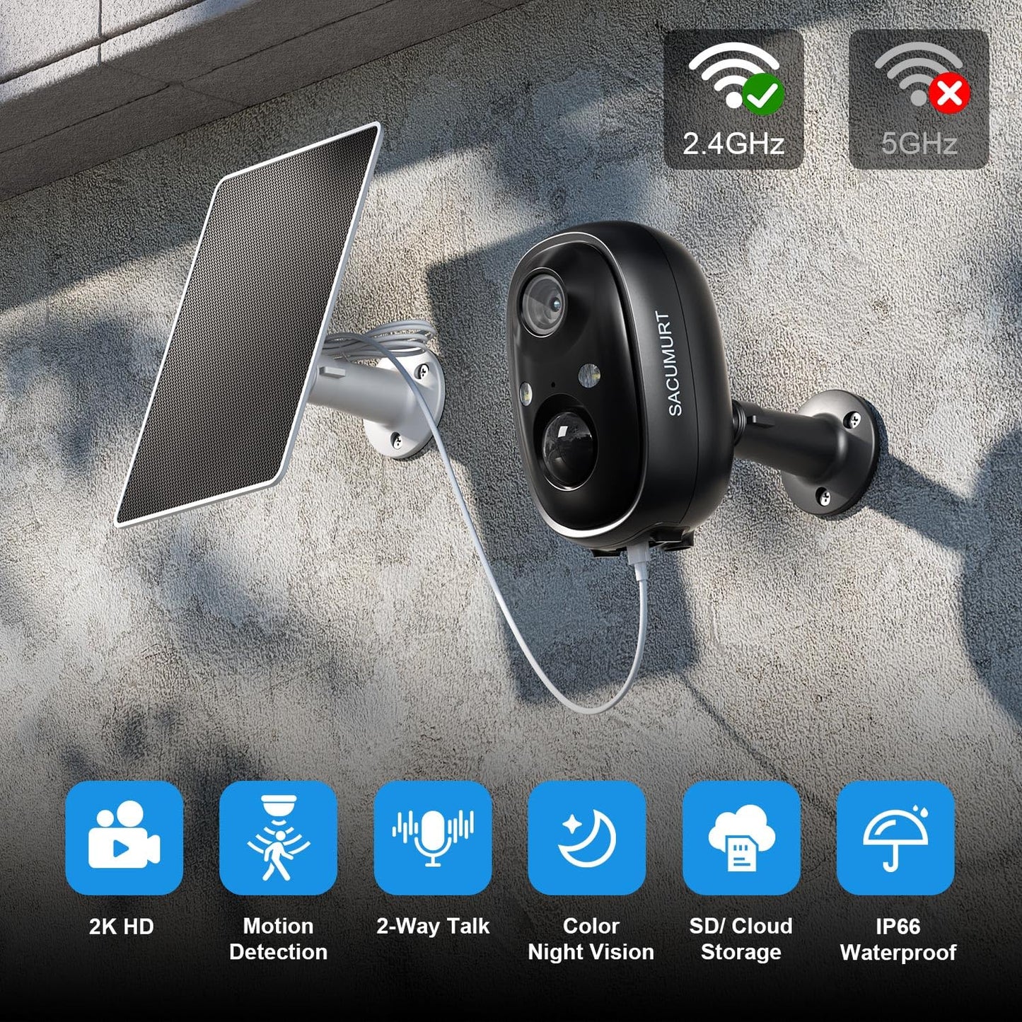 WiFi Cameras for Home Security, Solar Powered Security Cameras Wireless Outdoor, Outdoor Camera Wireless, PIR Motion Detection, Color Night Vision