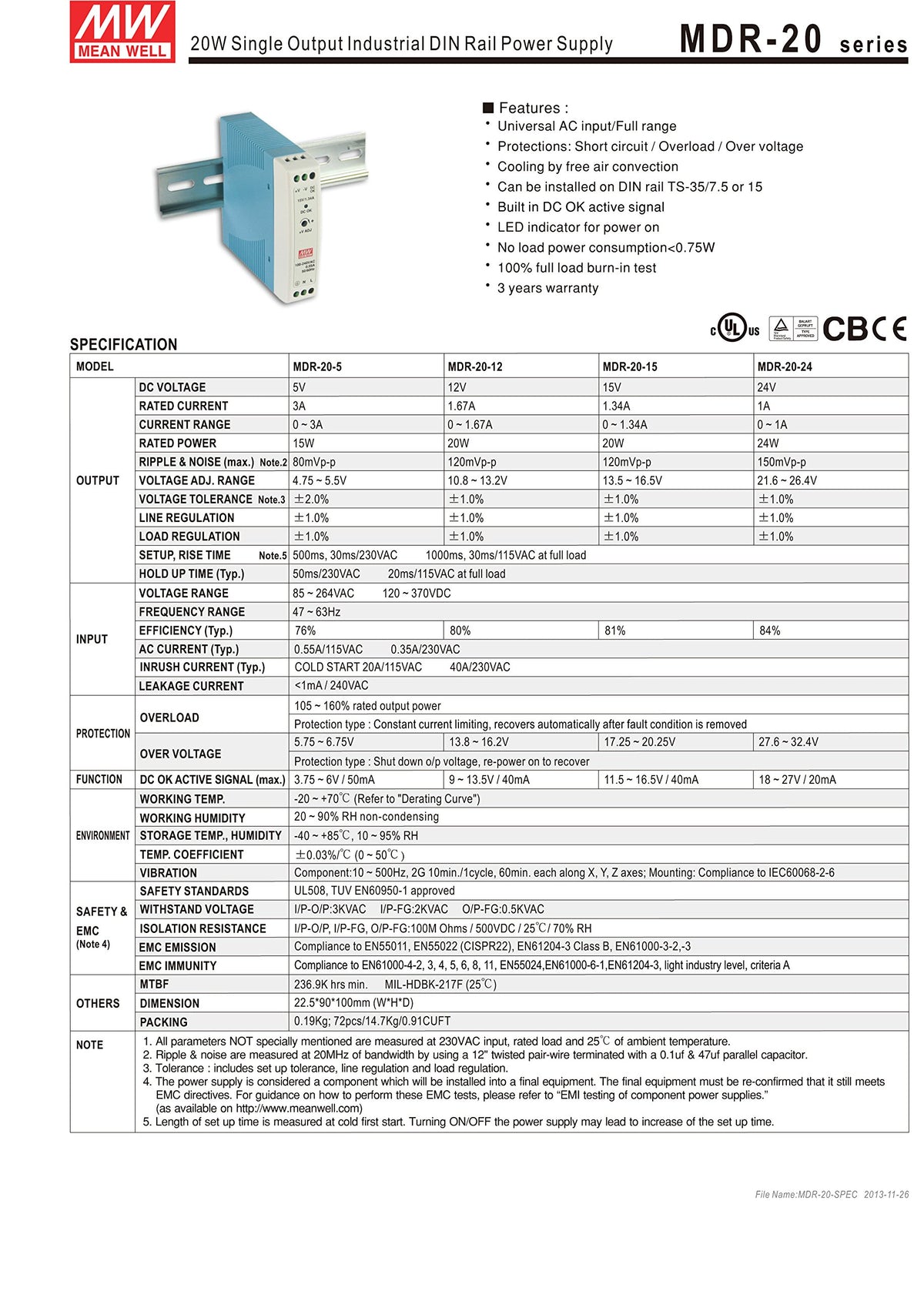Mean Well Original MDR-20-15 Single Output Industrial DIN Rail Power Supply 15V 1.34A 20W