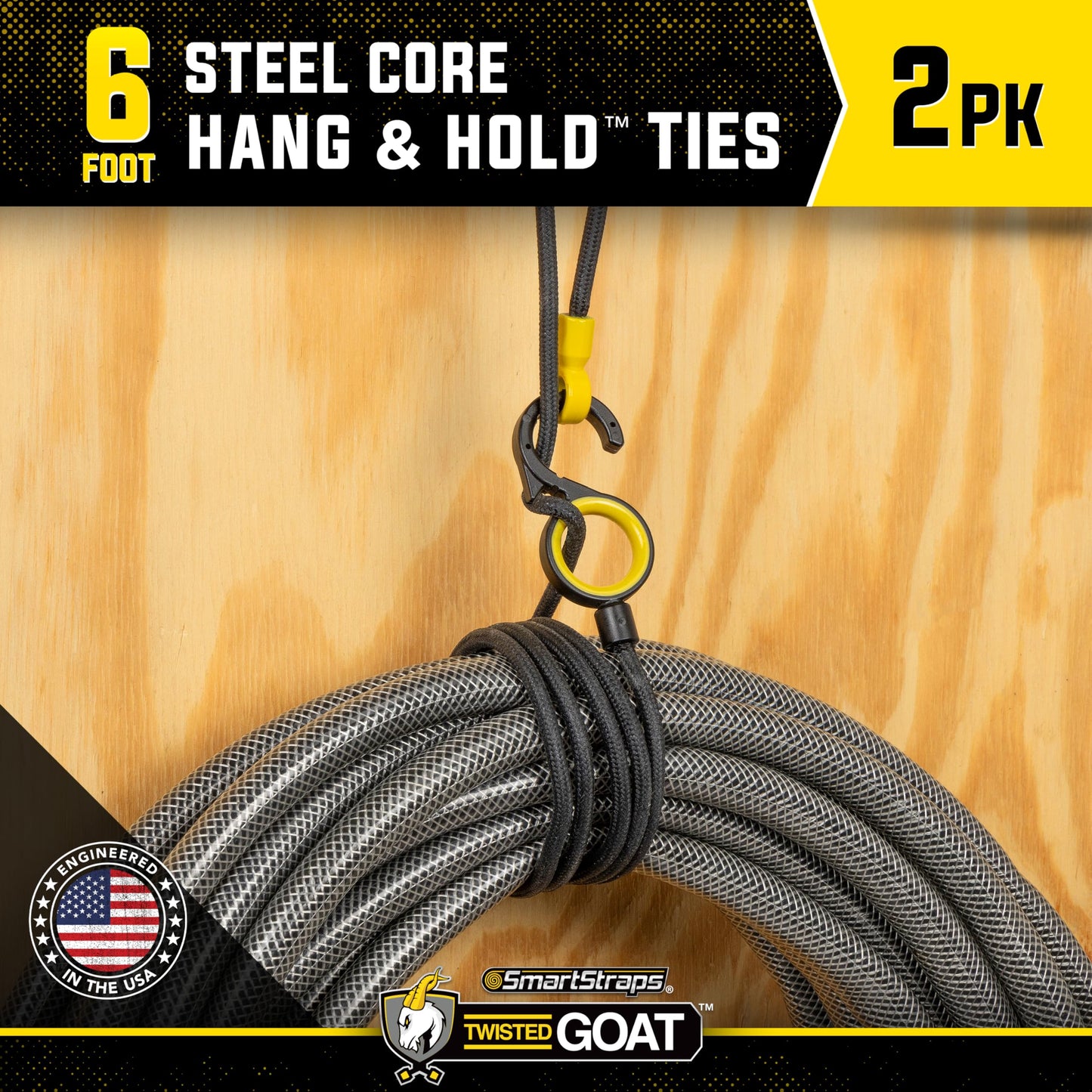 SMARTSTRAPS Twisted Goat™ 3' Hang & Hold™ Ties, 2-Pack - Heavy-Duty Reusable Organizer with S-Hook & Tension Loop - Bendable Gear Tie for Garage, RV