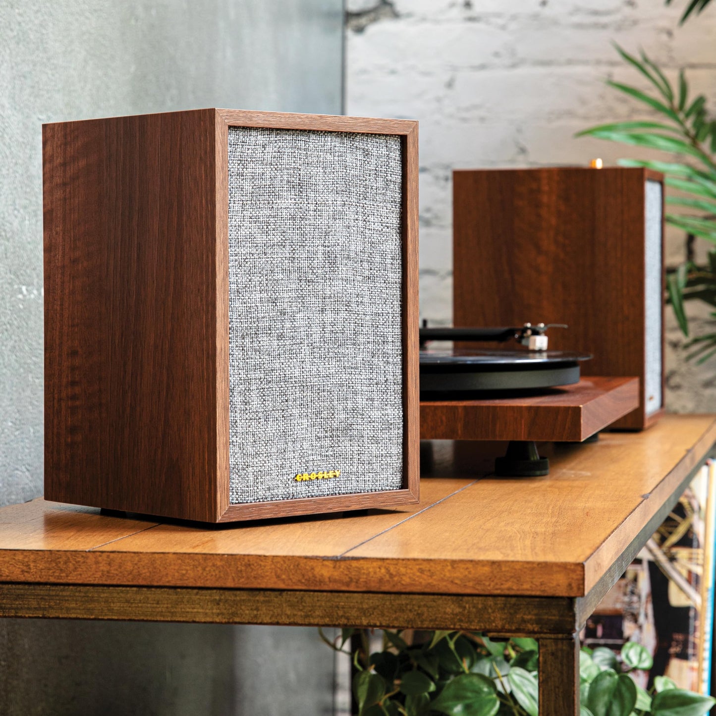 Crosley S200A-WA 4" Active Powered Bluetooth Stereo Speakers with Optical, USB, and Aux Connections, Walnut