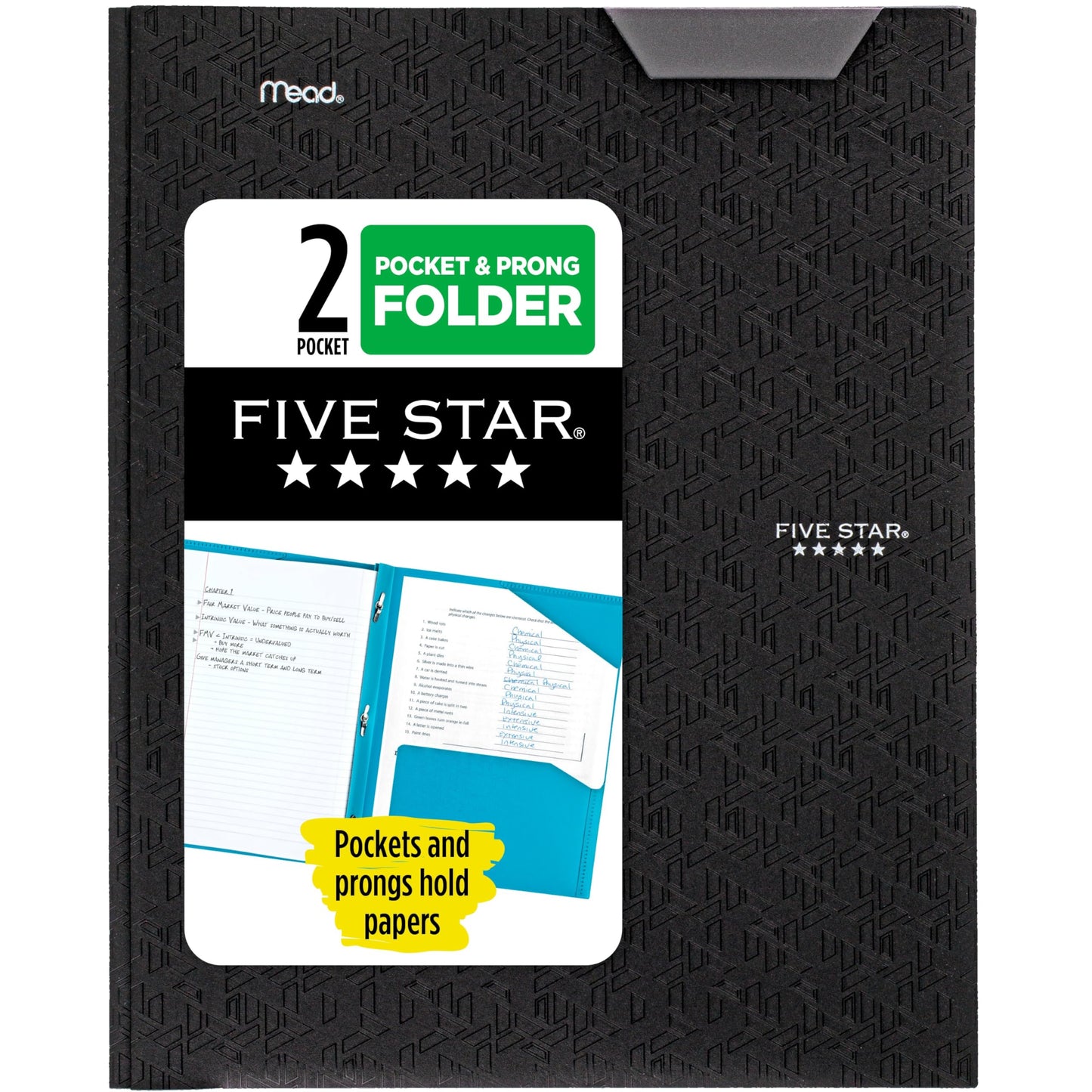 Five Star 2-Pocket Folder, Plastic Folder with Stay-Put Tabs and Prong Fasteners, Holds 8-1/2" x 11" Paper, Black (72113)