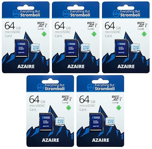 Everything But Stromboli 64GB MicroSD Azaire Memory Card & Adapter (5 Pack) Works with Action Cams & Drones, GoPro Hero Cameras, DJI Mavic, Phantom