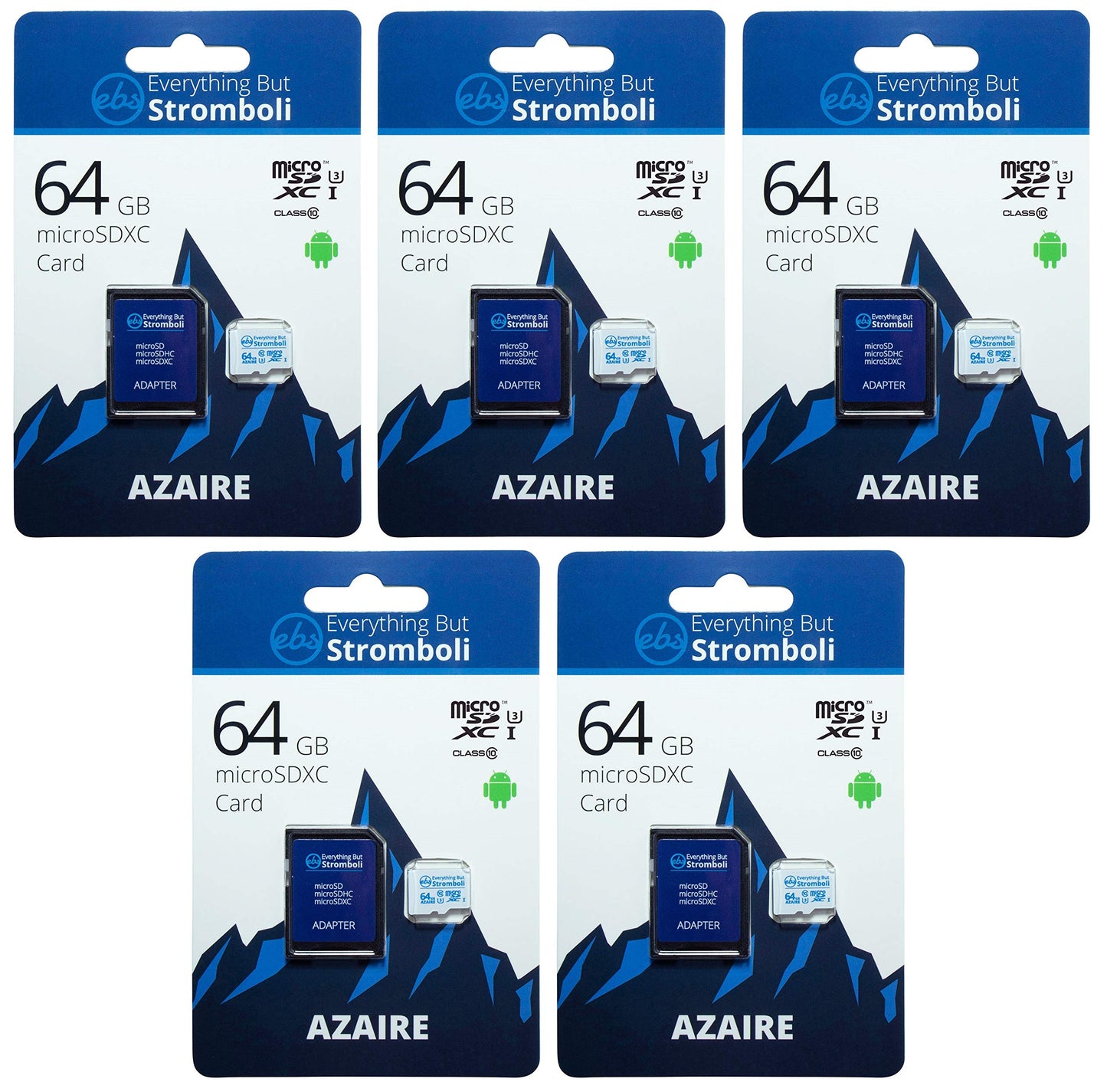 Everything But Stromboli 64GB MicroSD Azaire Memory Card & Adapter (5 Pack) Works with Action Cams & Drones, GoPro Hero Cameras, DJI Mavic, Phantom