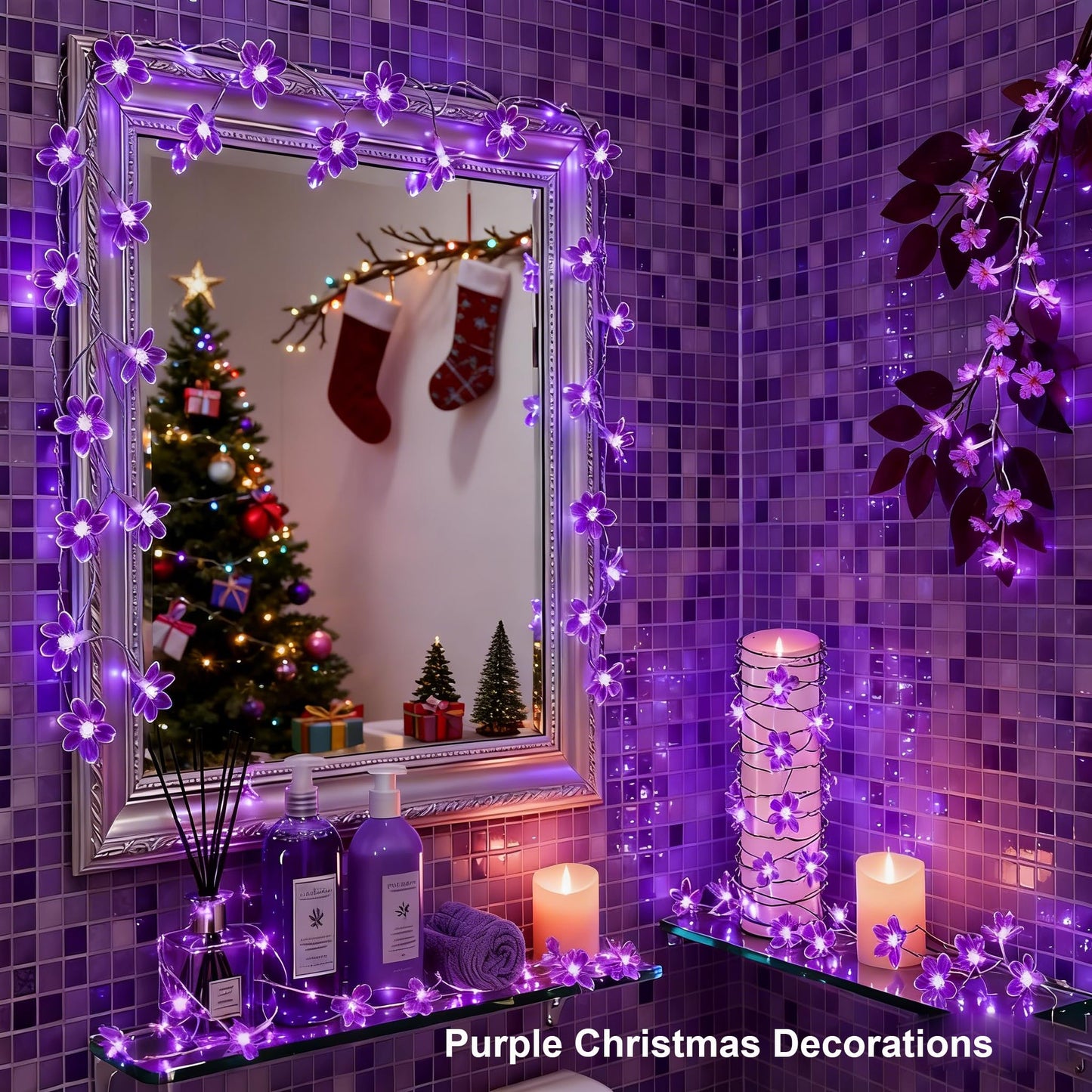 Decorative Connectable 33ft Purple Flower String Lights with 100 LEDs, Memory Function & 8 Modes. Perfect for Bedroom, Christmas, Weddings