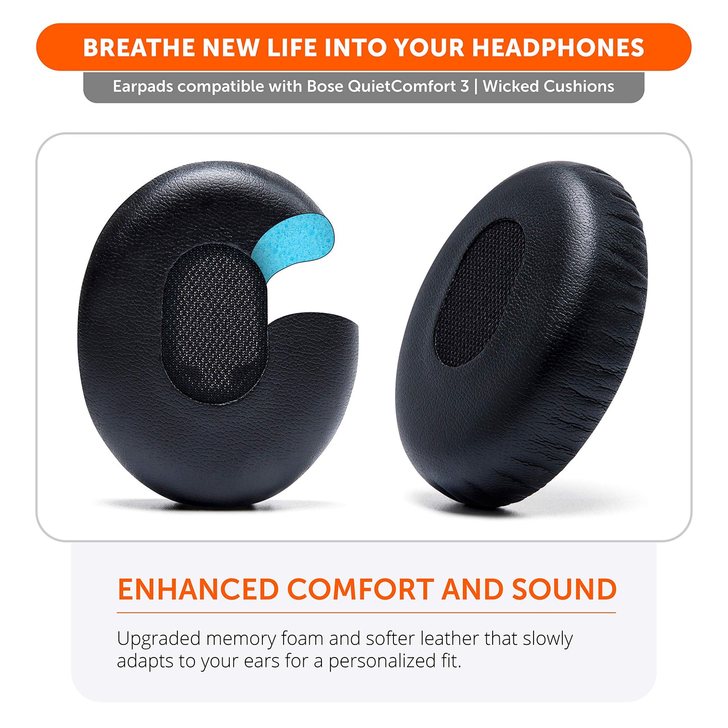 WC Wicked Cushions Replacement Ear Cushions for Bose QuietComfort 3 - Extra Durable Leather, Softer Memory Foam, Added Thickness - Compatible