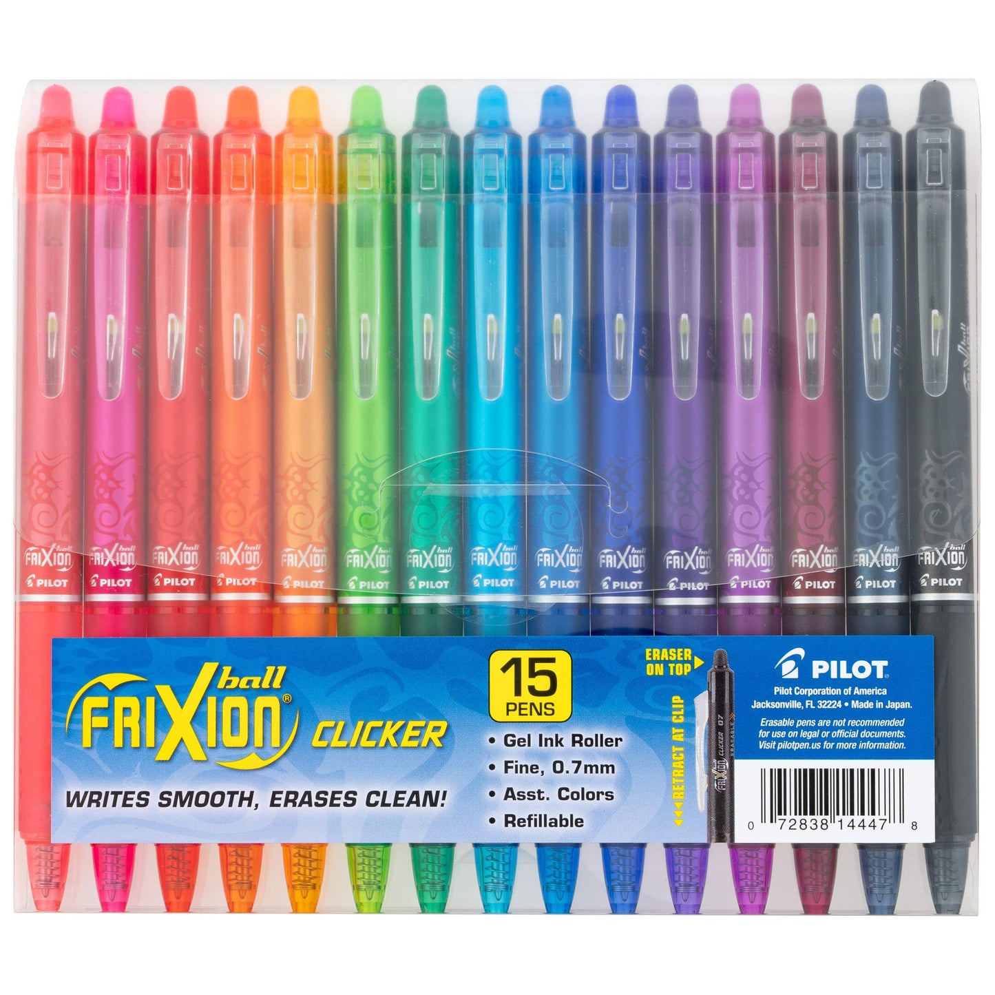 Pilot FriXion Clicker Erasable, Refillable & Retractable Gel Ink Pens Fine Point 0.7mm, Erasable Pens, Assorted Color Inks, 15-Pack Pouch