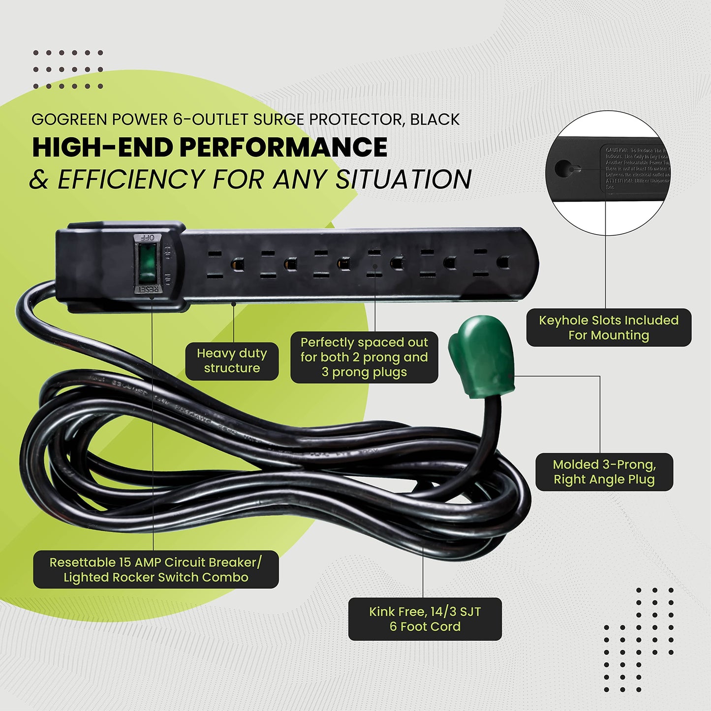 Power By GoGreen Go Green Power Inc. 6 Outlet Surge Protector, Black, 6ft Cord - 250 Joules, Circuit Breaker, Mountable, Great for in-Home Use