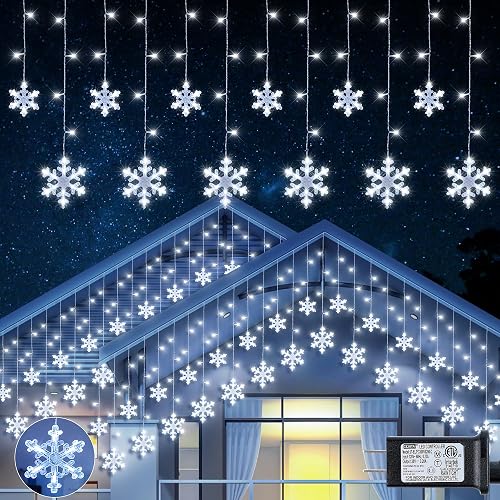 Qunlight Christmas Snowflake Icicle Lights,6.5ft 144LED Curtain Lights Outdoor with 12 Drops, 8 Modes Waterproof Connectable Fairy Light for Eaves