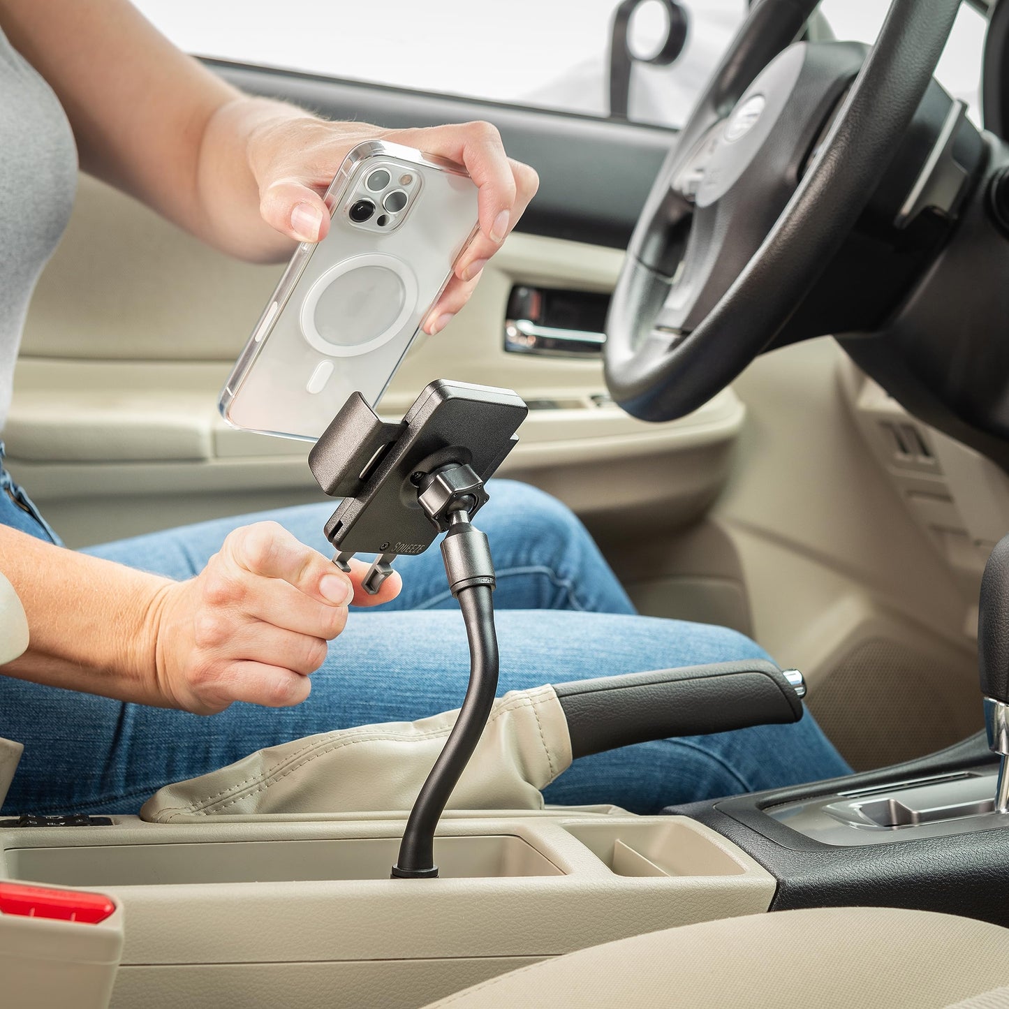 Nite IZE Squeeze Universal Cup Holder Mount - Universal Cell Phone Holder for Car Cup Holder - Sturdy Phone Accessories for Cars - Alternative to Car