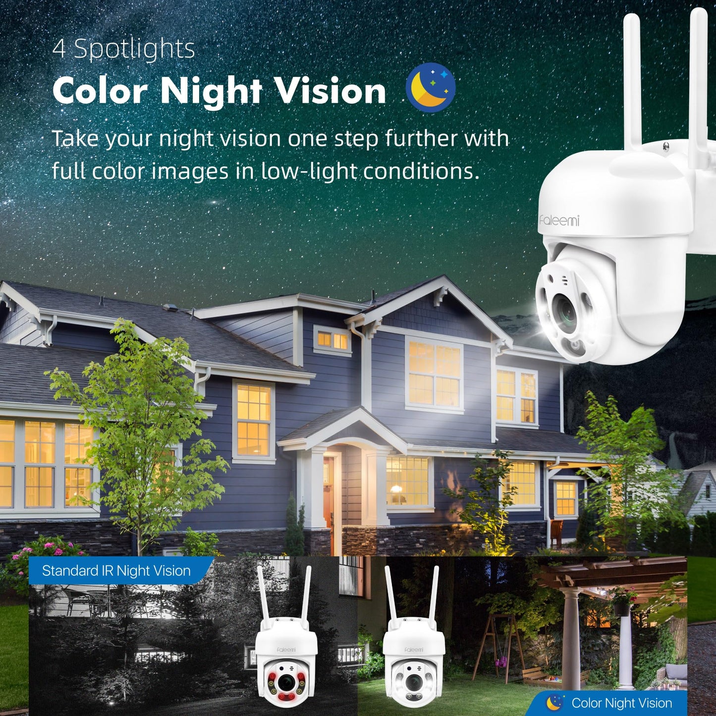 faleemi 2K WiFi Security Camera for Home with Cell Phone App Control, Color Night Vision, Ai Motion Detection, Auto Tracking, 2 Way Audio, Waterproof