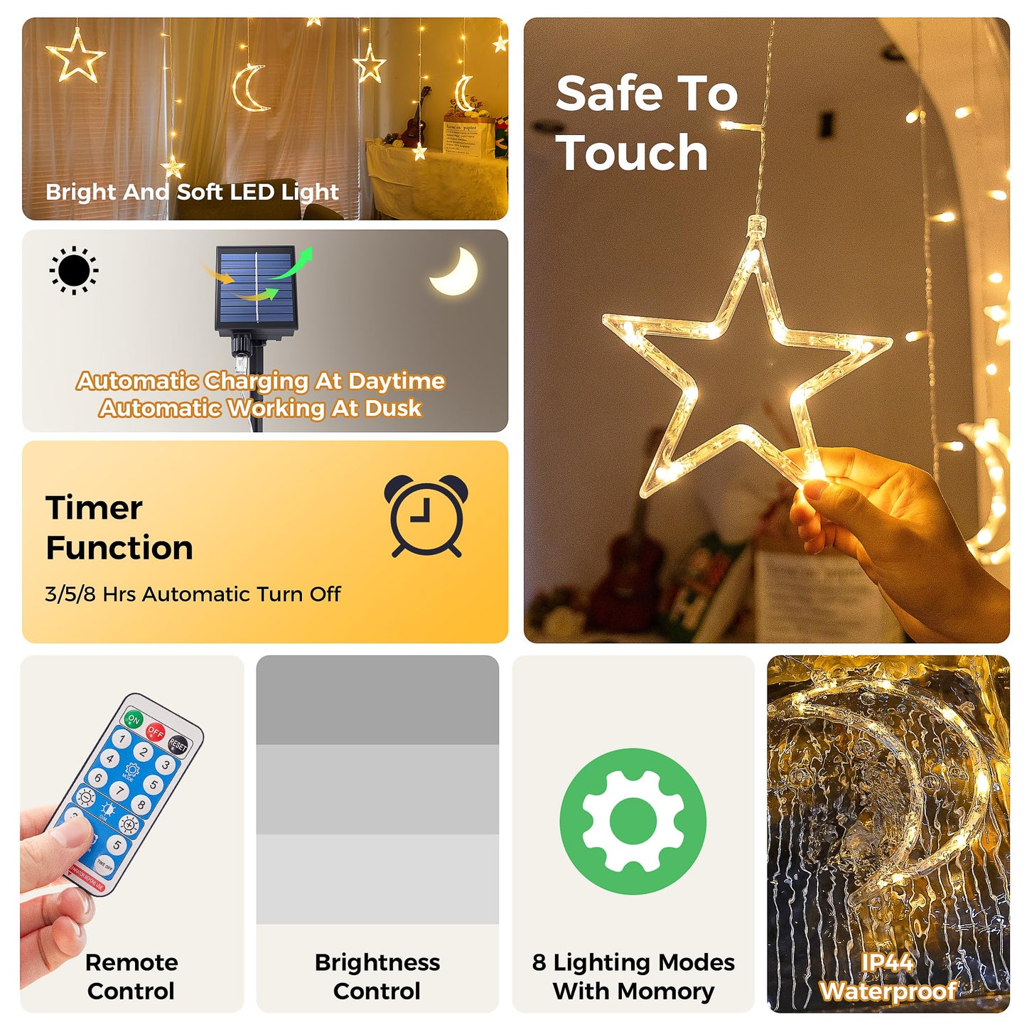 Qunlight Ramadan Solar Icicle Lights,10.8ft 138 LED Outdoor Waterproof Moons Stars Curtain Window String with 8 Modes Timer Remote,USB Rechargeable