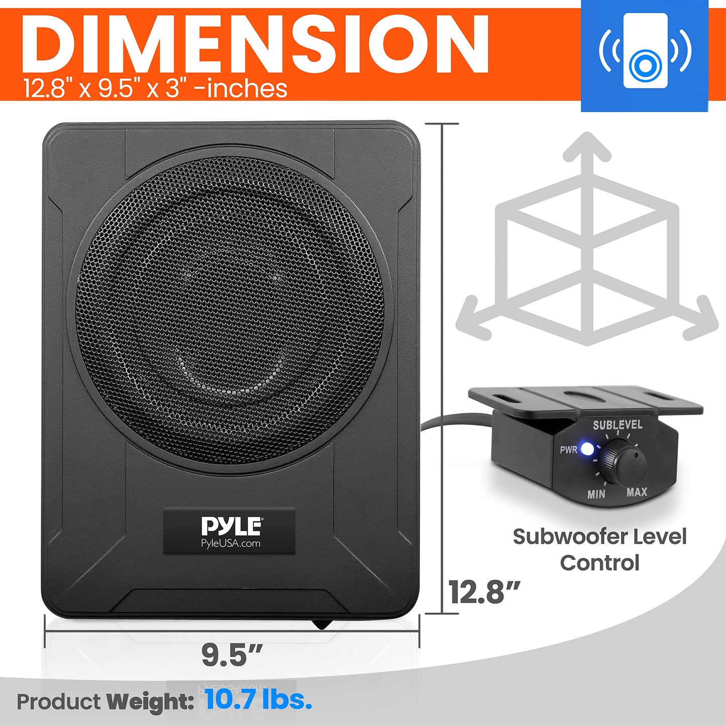 Pyle 8-Inch Low-Profile Amplified Subwoofer System - 600 Watt Compact Enclosed Active Underseat Car Audio Subwoofer with Built In Amp, Powered Car