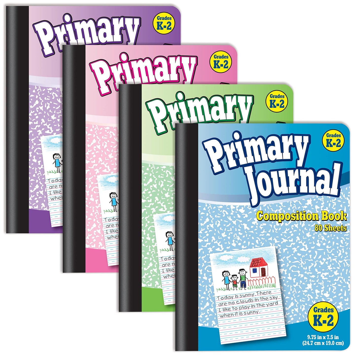 Better Office Products Primary Journal, Hardcover, 4 New Fun Colors, Primary Composition Book Notebook, Grades K-2, 80 Sheet, One Subject, 9.75" x
