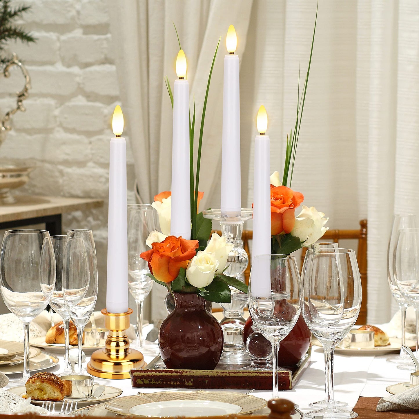 FPOO Flameless Taper Candles Flickering with Remote Timer, 4PCS Battery Operated Window Candles with Gold Candlesticks and Suction Cups, 8 Inch Warm
