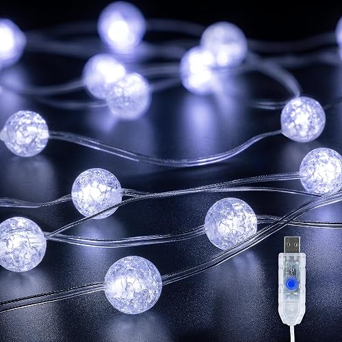BEEWIN Upgrade Globe String Lights,10FT 30 LED USB Fairy Lights,8 Modes Crystal Crackle Ball Lights,Waterproof Decorative Christmas Lights