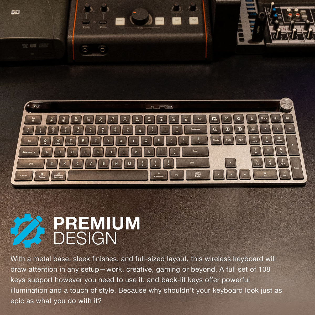 JLab, Epic, Wireless Keyboard, Bluetooth 5.2, USB Dongle, Multi-Device, Backlit, 108 Keys, Black