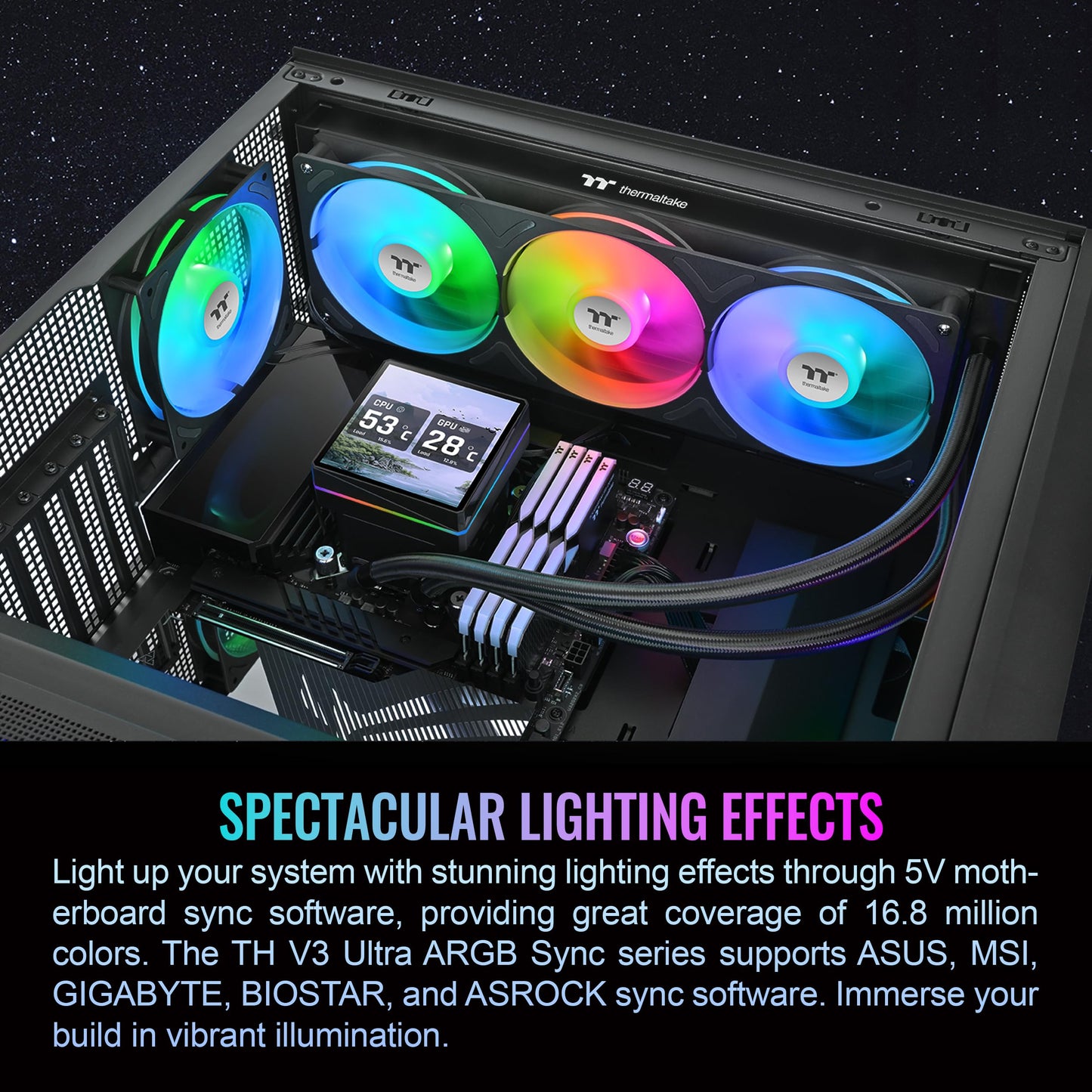Thermaltake TH360 V3 Ultra ARGB CPU Liquid Cooler; Intel/AMD; 1x360mm 500~2500rpm Single Frame ARGB Fan; 3.95" TFT 720x720p LCD; Rotatable Pump Head