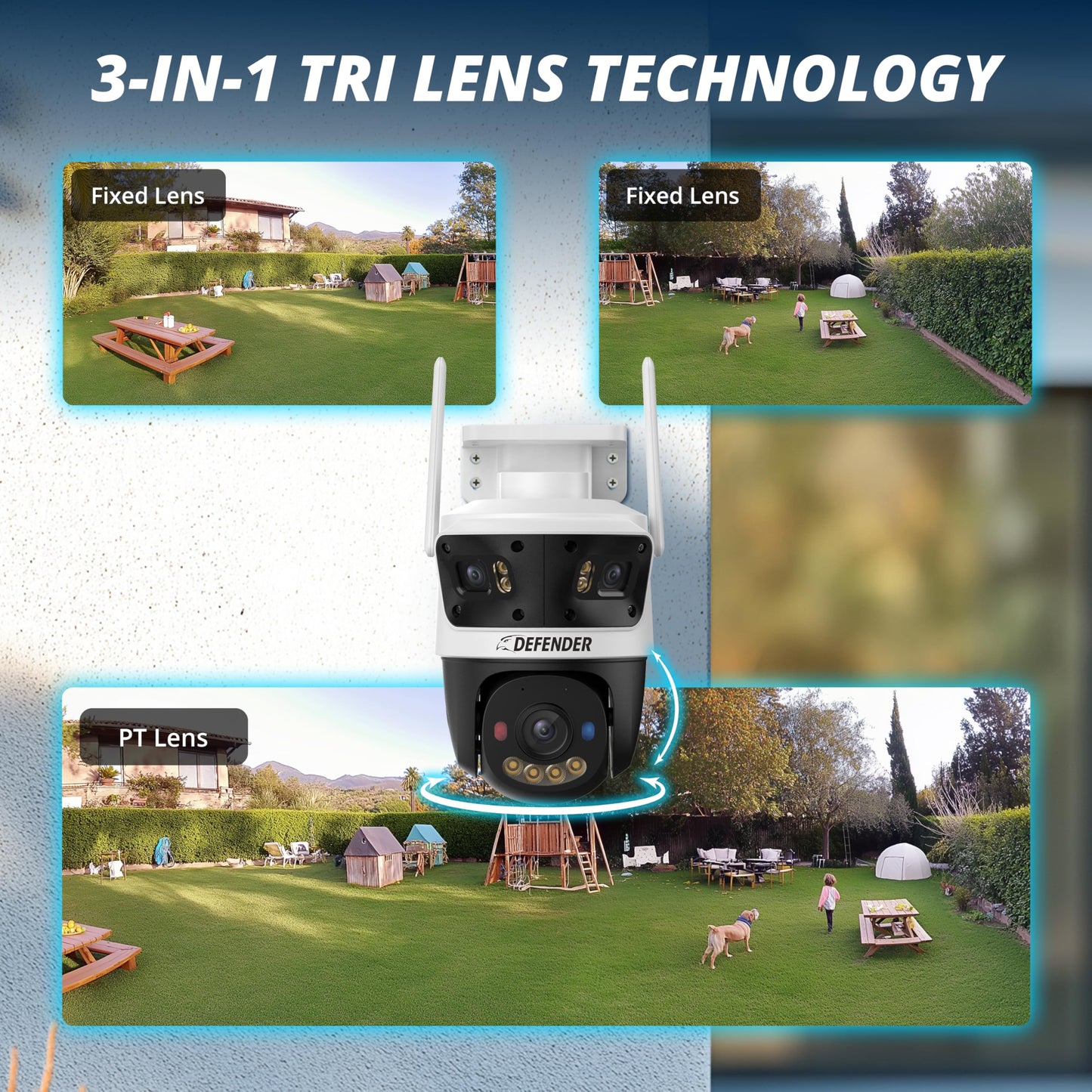 Defender AI Powered 3K+ Guard WiFi Tri-Lens PTZ Plug-in Power Outdoor Security Camera, 3-in-1, 360°, 8X Zoom, Human/Vehicle AI Detection, Blue/Red