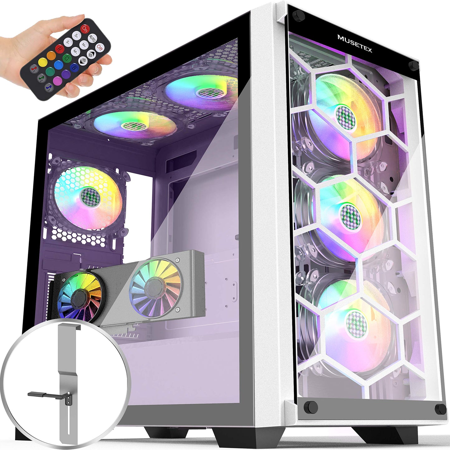 MUSETEX 2× USB 3.0,6 PCS ARGB Fans,Mid-Tower Case,Tempered Glass Panels,Voice Remote Control,PC Gaming Case Computer Chassis Support E-ATX