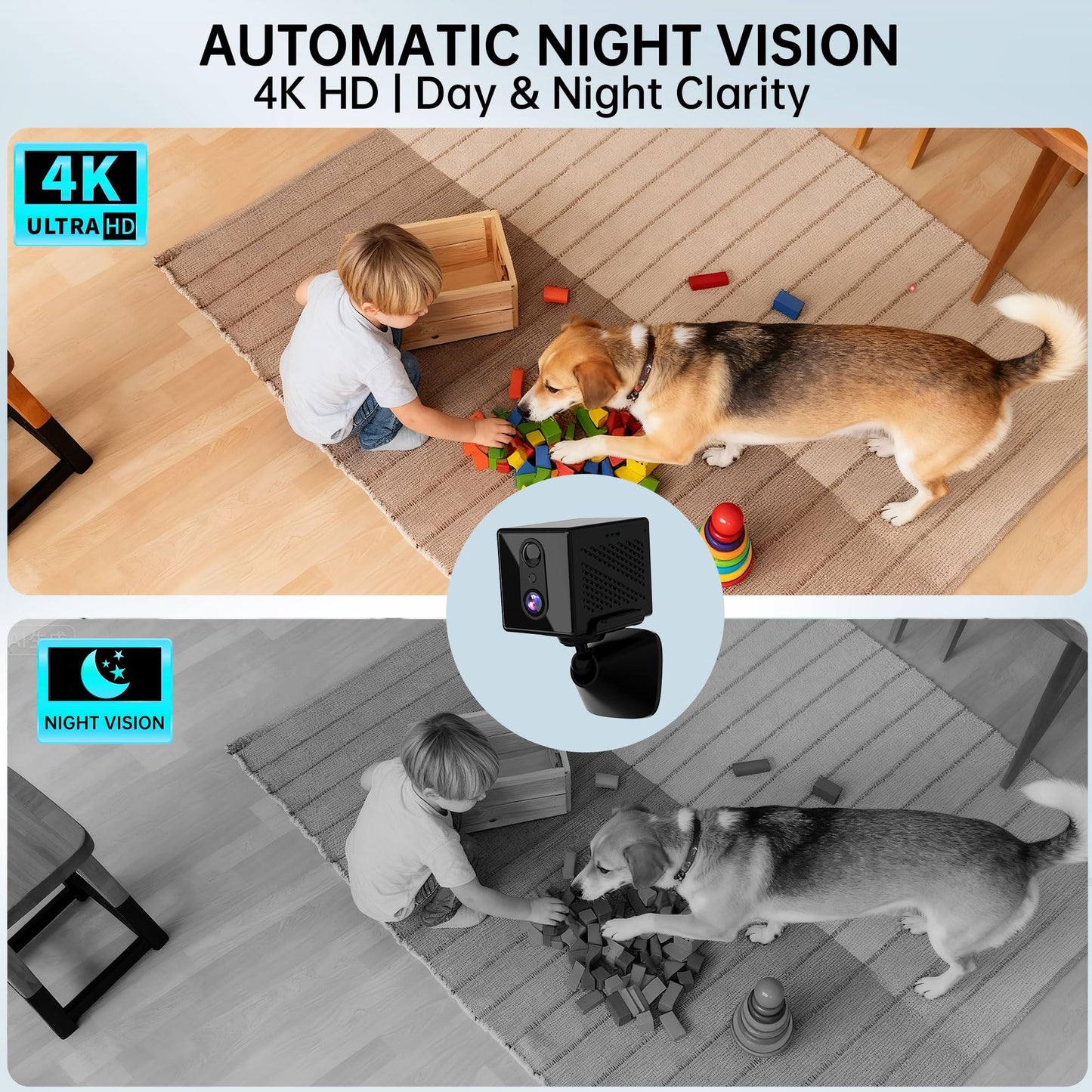 javiscam 4K Security Camera with 64GB SD Card, Battery Powered Security Cam, 100-Day Standby, AI Human Detection, Night Vision, Real-Time Alert, Baby