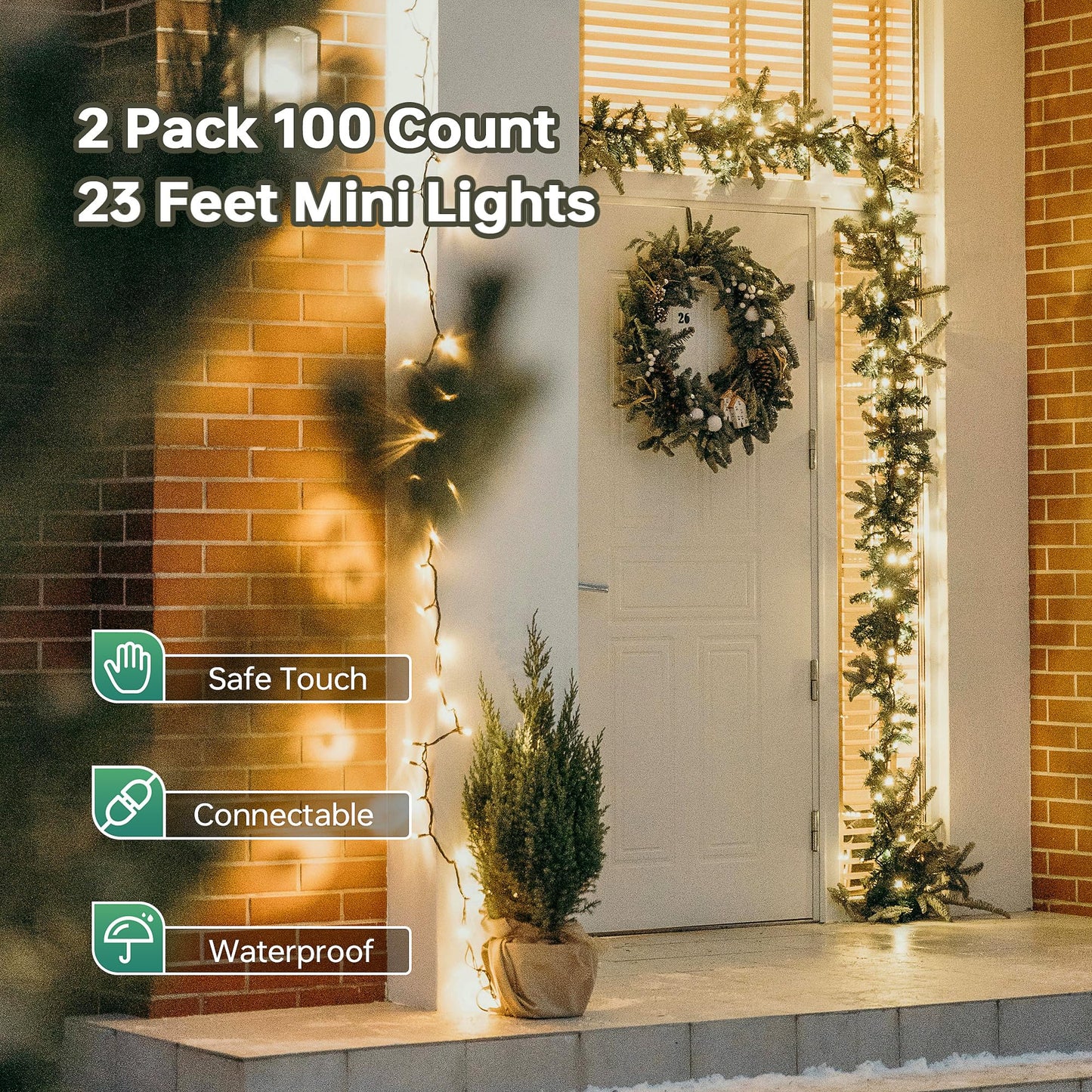 YOUNGAR Christmas Lights, Clear Outdoor Lights,2 Pack 23FT 100 Green Wire Light Connectable Incandescent Mini Light, Approved Tree Lights for Xmas