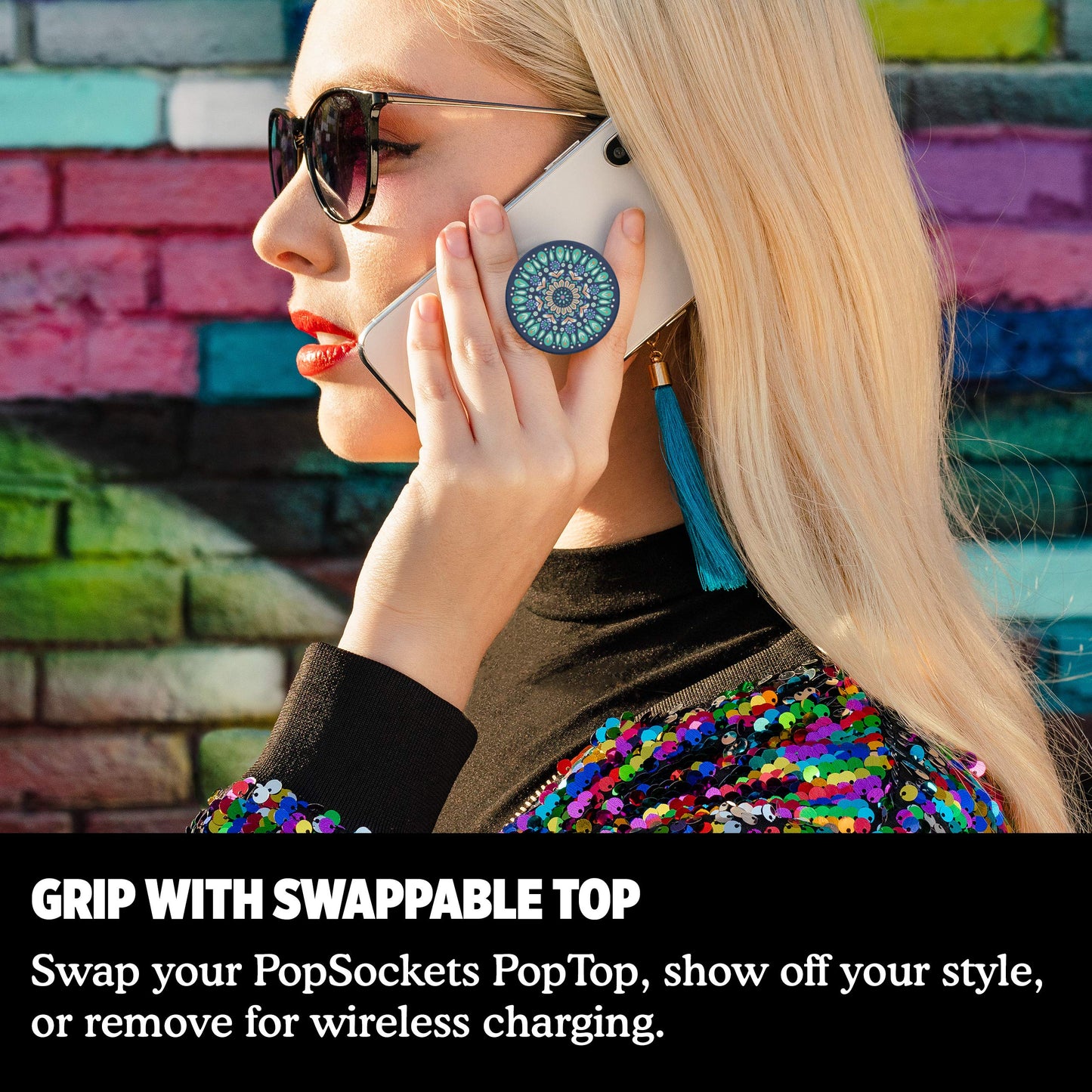 PopSockets: PopGrip with Swappable Top for Phones and Tablets - Butterfly Mandala Teal