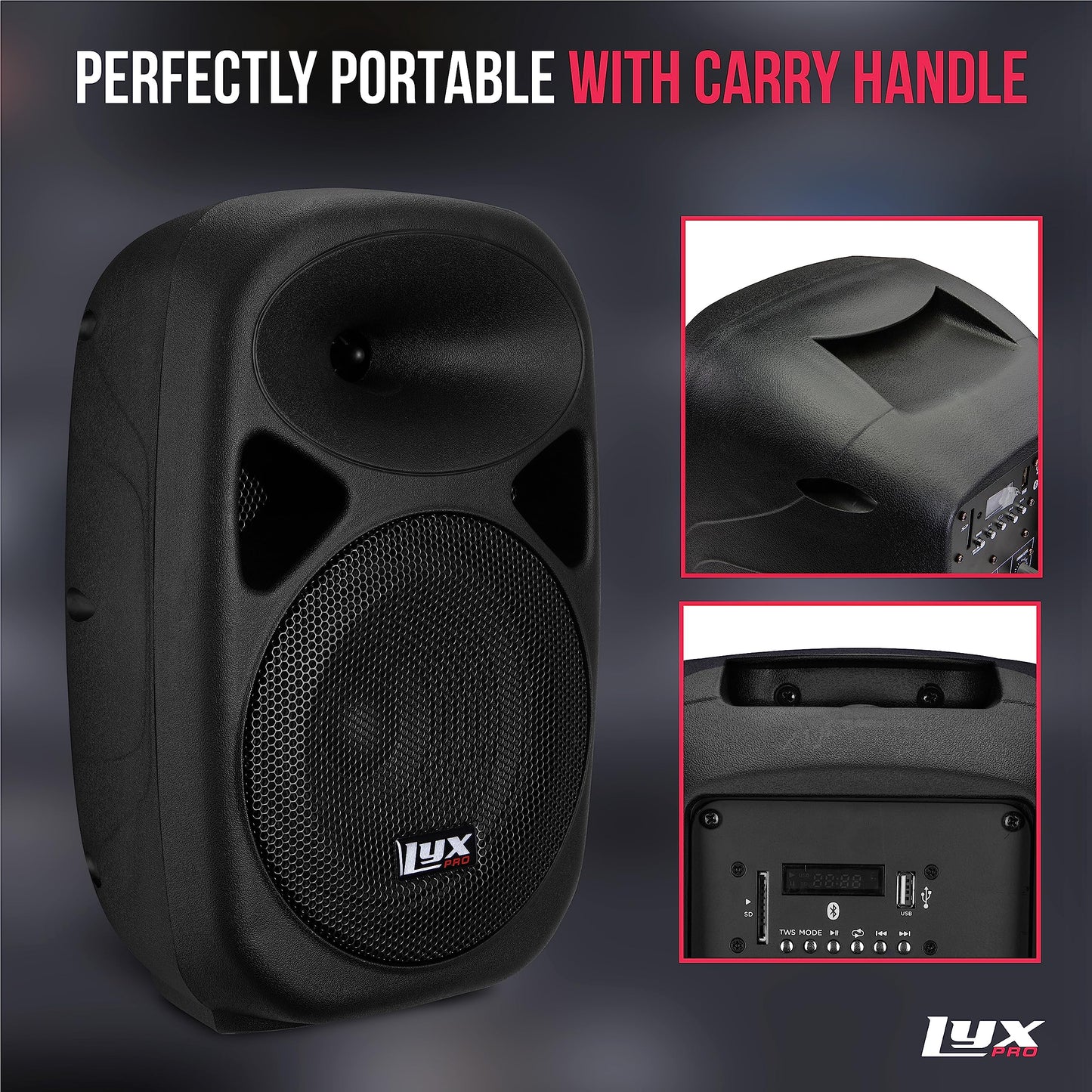 LyxPro 8” Inch Active PA Rechargeable Battery Speaker System, Equalizer, Bluetooth Connection, SD Slot USB MP3 AUX, Mic,1/4" 1/8" 3.5mm Inputs, SPA-8