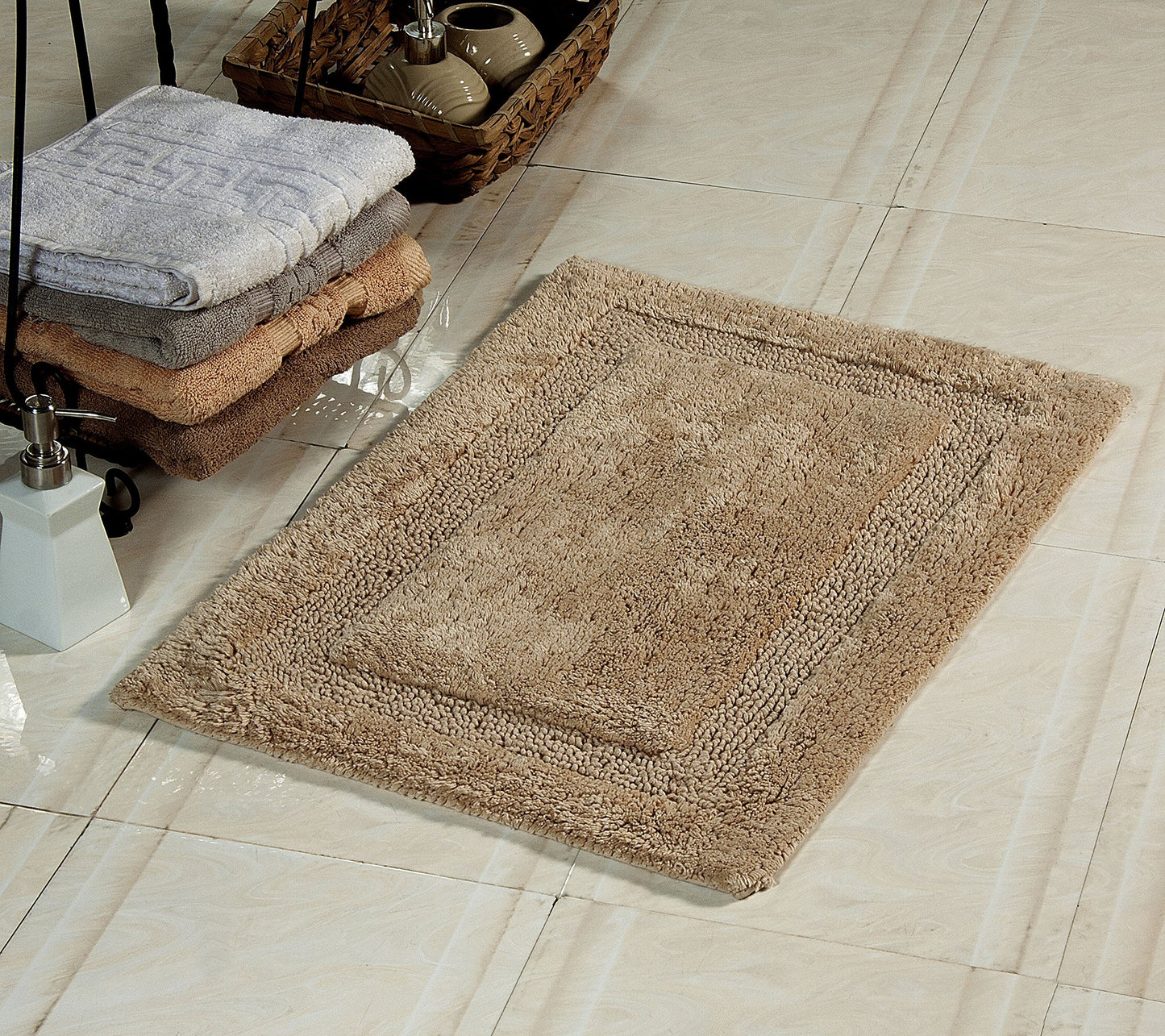 Saffron Fabs Bath Rug 100% Soft Cotton, Size 50x30 Inch, Latex Spray Non-Skid Backing, Solid Beige Color, Textured Border, Hand Tufted, Heavy 190 GSF…